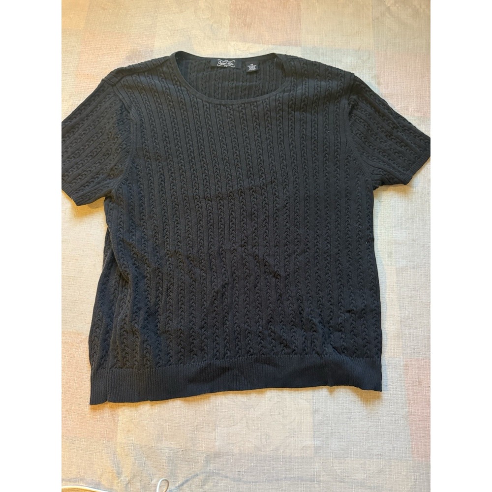 Crystal-Kobe Black Textured Knit Sweater Top Women's 2X Short Sleeve Cotton—1